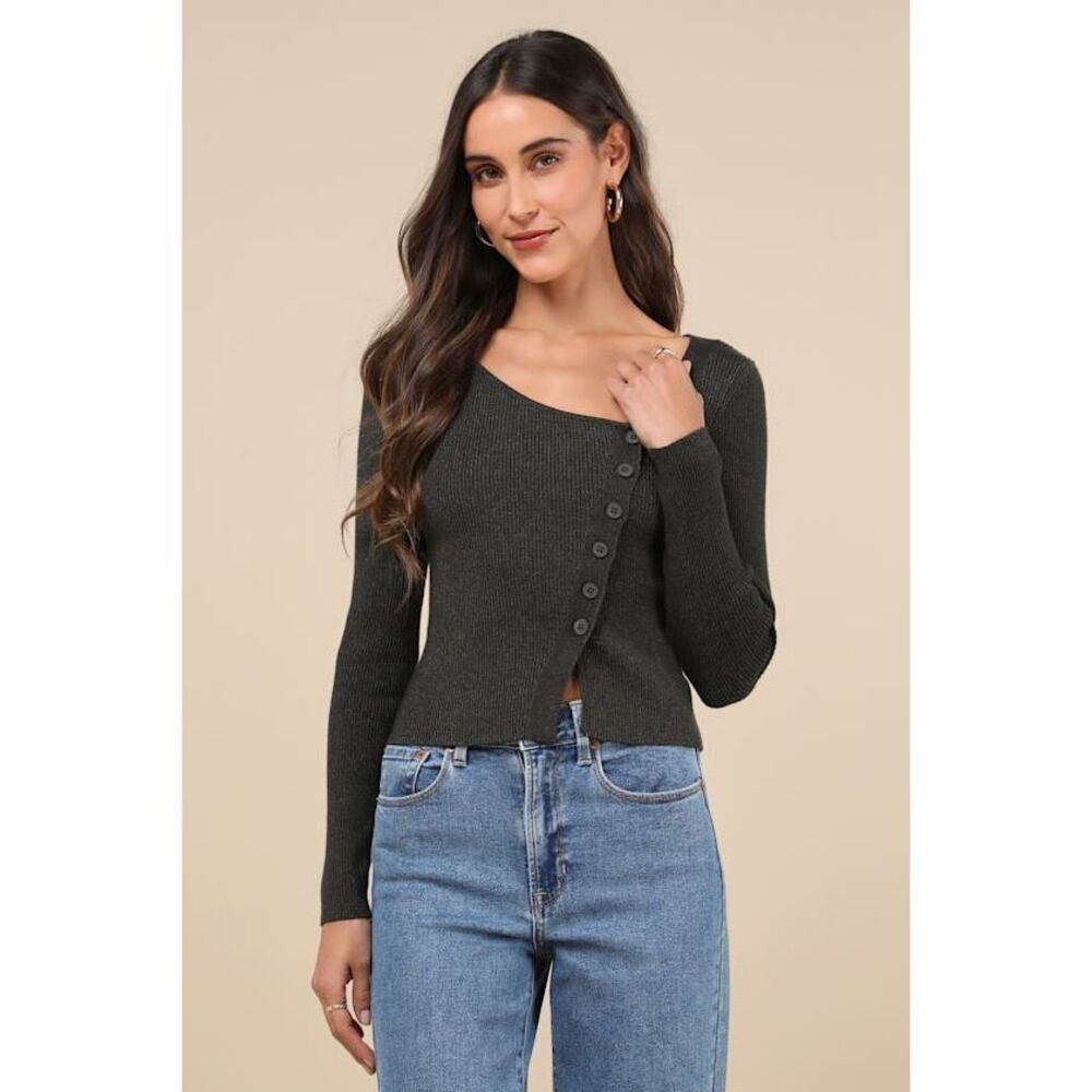 Lulus Modern Status Black Marled Asymmetrical Button-front Sweater Top - Size S